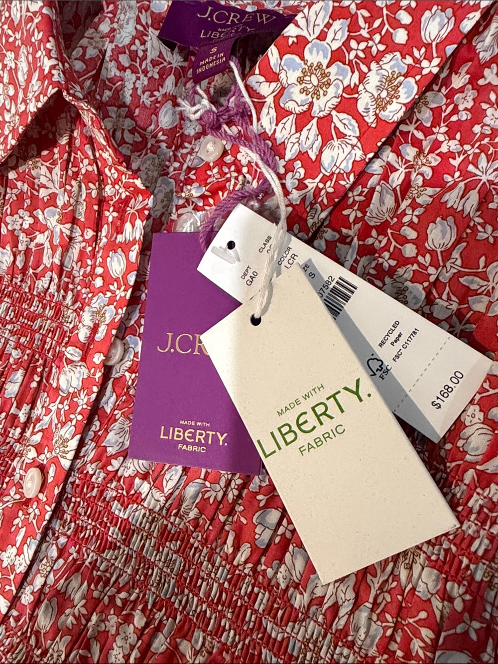 J. Crew Smocked Button-up Shirt Short Sleeve Liberty®Lizzy Red Fabric Sz M $168 - Picture 9 of 9